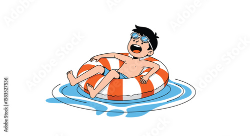 Joyful young boy relaxes and floats in a pool on a bright summer day enjoying vacation
