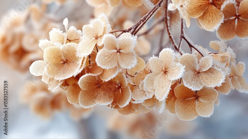 Delicate frost-covered flowers in close-up.