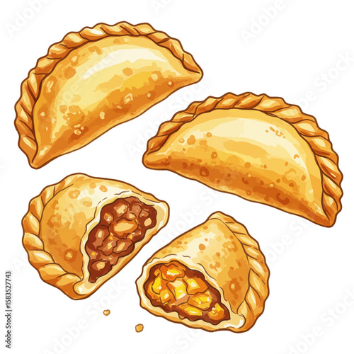 Delicious golden-brown empanadas, a savory Latin American pastry, isolated on a white background