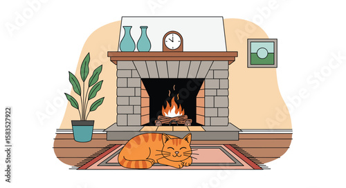 Cozy living room scene with fireplace and sleeping cat on rug a warm ambiance