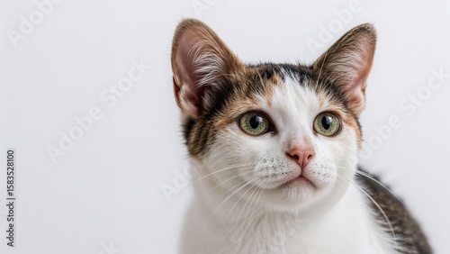 Domestic cat portrait displaying distinct calico markings with green eyes against a simple white background