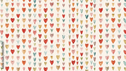Adorable repeating design featuring vertical heart garlands. Watercolor art on a creamy backdrop. Vibrant pattern suitable for fabric, gift wrap, wall decor, or covers.