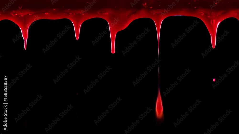 Blood Dripping Effect with Red Liquid Against Black Background, Horror and Spooky Visuals