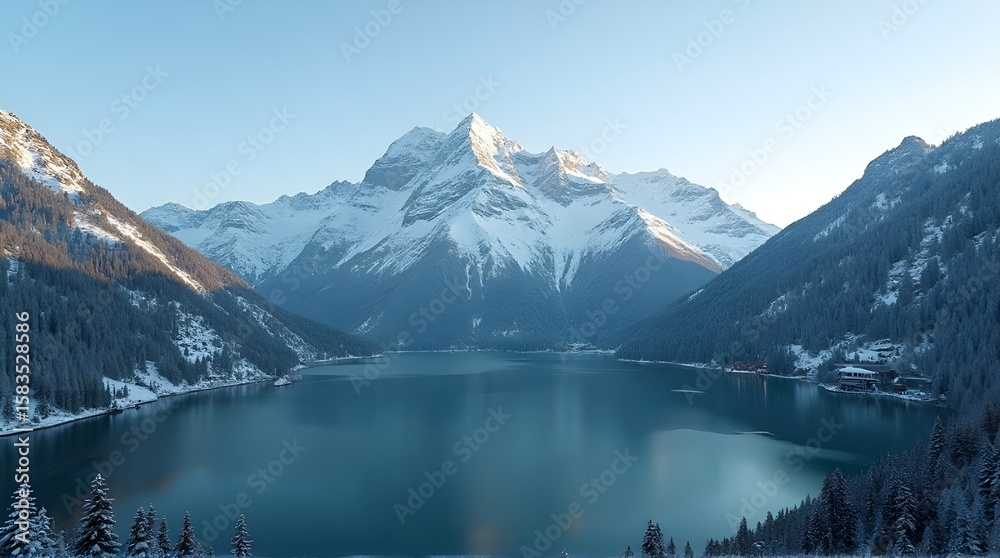 Fototapeta premium Serene Lake and Snowcapped Mountain.