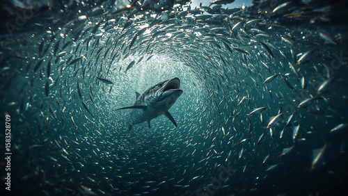 a big fish hunting group of small fishes
