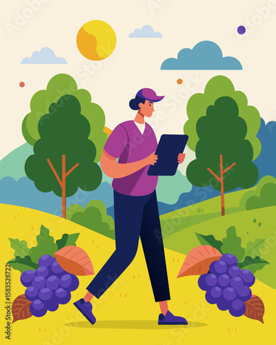 The scent of freshly picked gs lingers in the air as a remote worker takes a walk through the vineyard brainstorming ideas for their next project.. Vector illustration