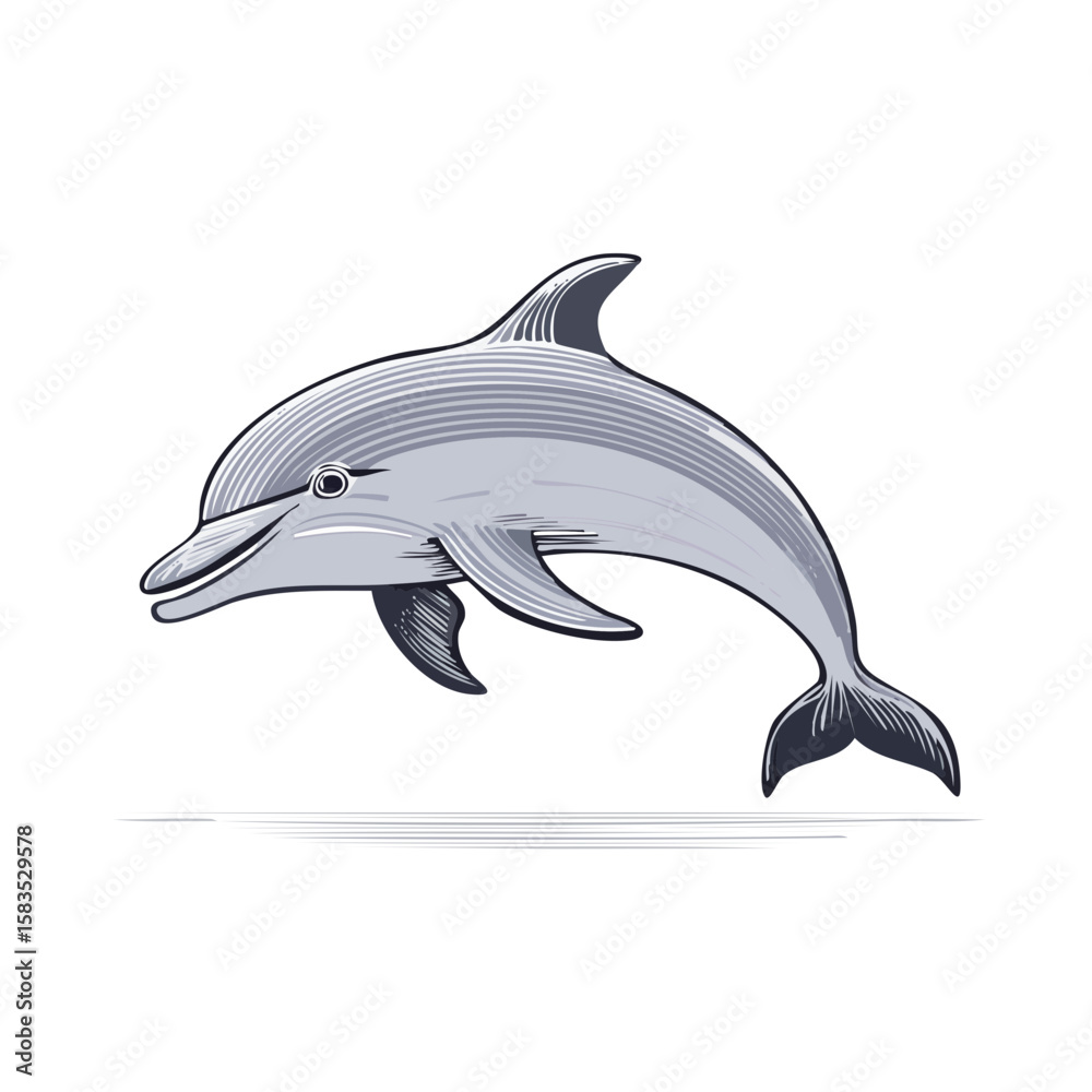 Fototapeta premium Isolated dolphin swimming in the ocean with clean simple design on black backdrop.