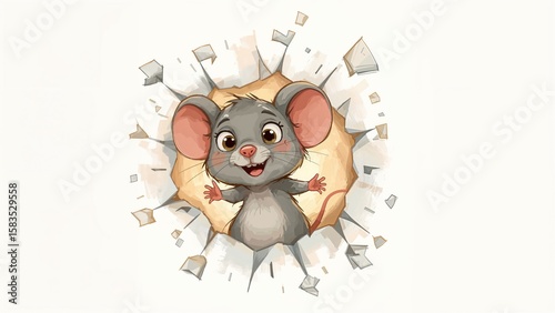Endearing gray cartoon rat emerging from paper, digital art