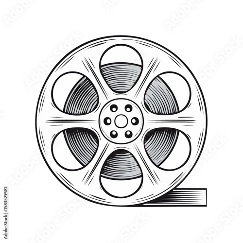 Classic Film Reel Illustration on Black Backdrop with Detailed Shading