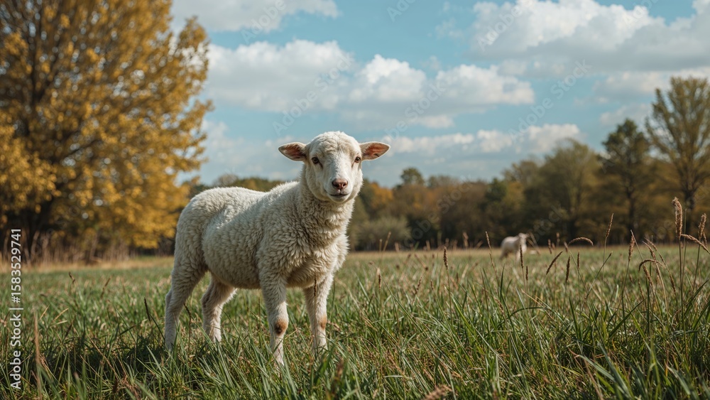 Obraz premium Adorable lamb gazing at something in a meadow during fall