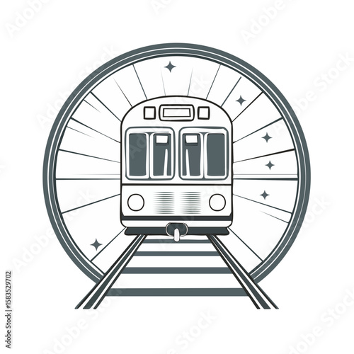 Subway train approaching on tracks, vintage circle vector illustration