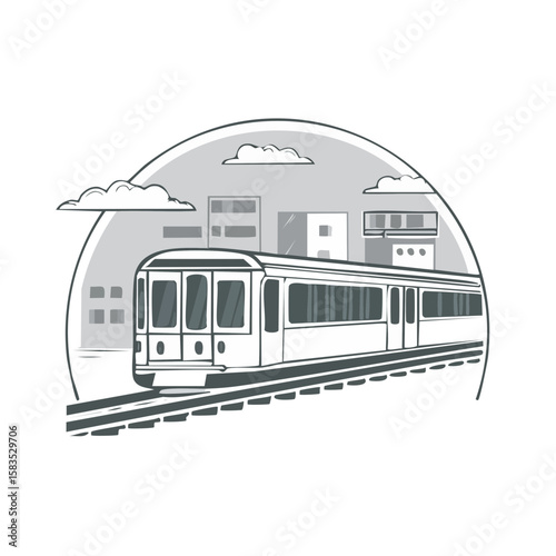 Urban transit illustration features a train on tracks with buildings and clouds.