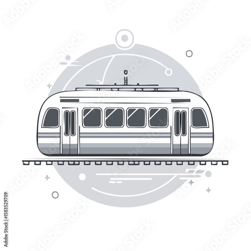 Modern Electric Train on Tracks Illustration, Minimalist Design, Commute, Public Transit, Clean Gray Scale Graphics