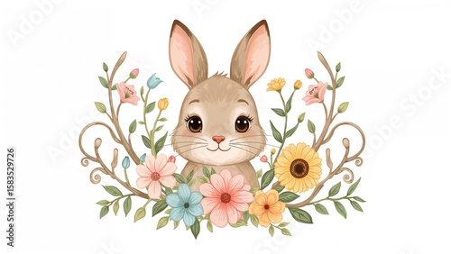Delightful Animated White Bunny Featuring Flowers and Branches