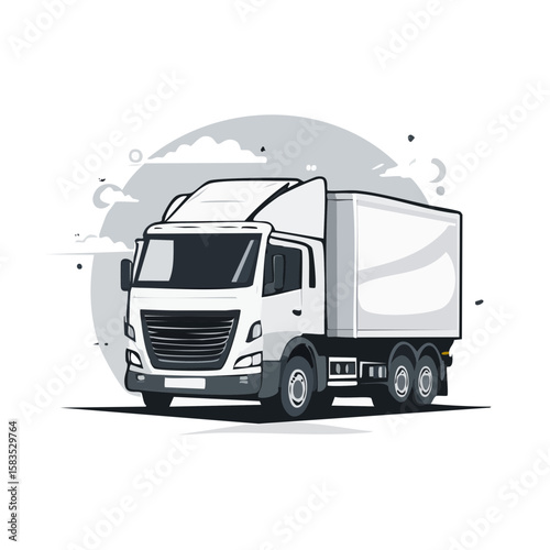 Illustration of a white delivery truck with cargo trailer against a gray backdrop