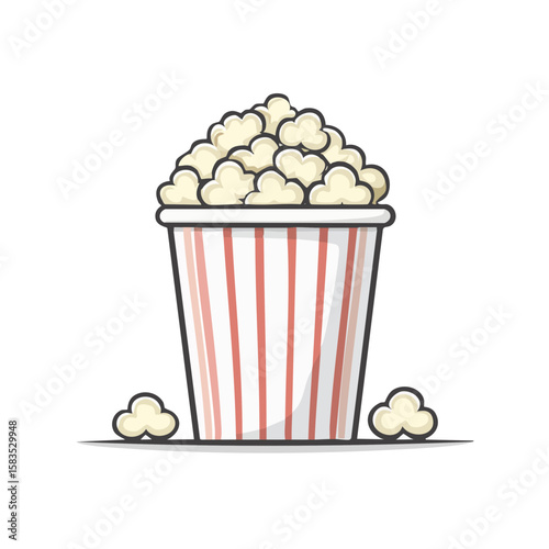 Cartoon popcorn in a striped bucket illustration. Sweet snack for cinema food concept and entertainment. Food graphic drawing.