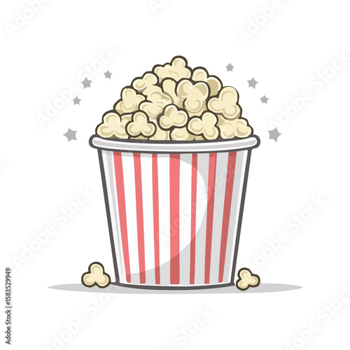 Cartoon popcorn bucket with red and white stripes Illustration for cinema snack celebration entertainment and tasty food isolated on black