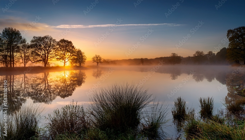 Fototapeta premium serene sunrise over a misty lake with trees mirrored in calm waters