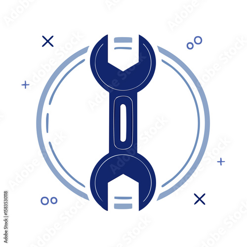 Graphic blue wrench icon surrounded by decorative circle elements on black background