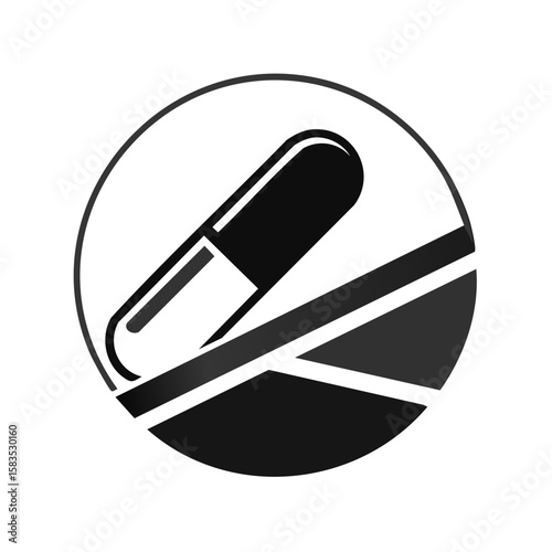 Pill capsule resting on tablets within circular emblem medical healthcare concept