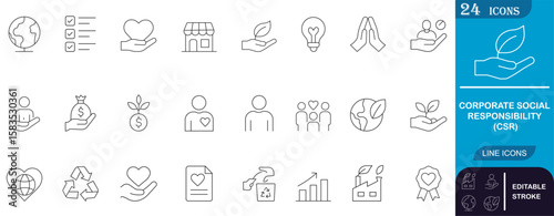 A clean 24-icon line set illustrating Corporate Social Responsibility themes like sustainability, charity, social care, and ethical business—perfect for modern branding.