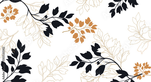 Elegant botanical branch and leaf pattern in black gold and white