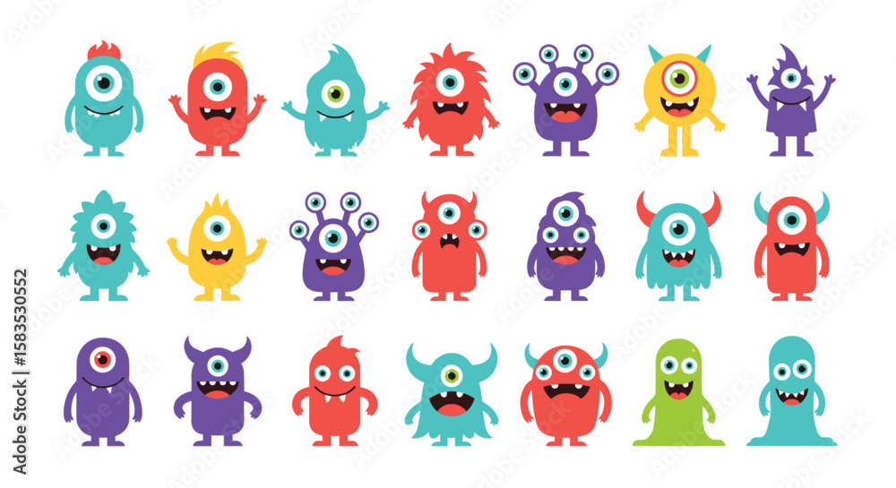 Obraz premium Collection of funny diverse cartoon monsters aliens with big eyes and teeth friendly creatures imaginary characters