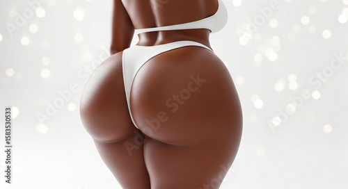 Beautiful 3D model style booty of black woman wearing a white bikini swimsuit against a white blurred soft bokeh background.