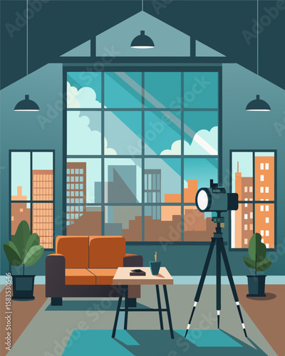 The freelancers urban loft also served as her photography studio with its expansive windows and natural light creating the perfect setting for photo shoots.. Vector illustration