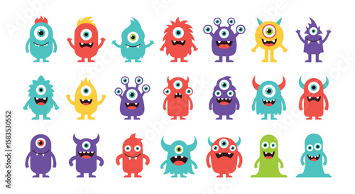 Collection of funny diverse cartoon monsters aliens with big eyes and teeth friendly creatures imaginary characters