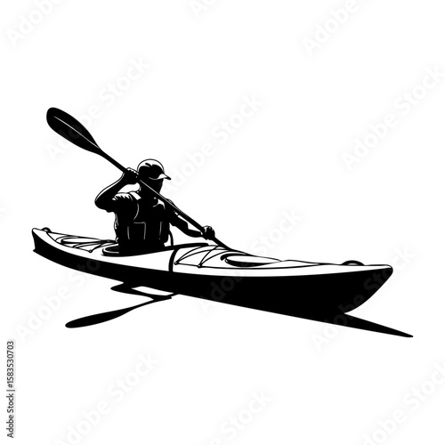 Minimalist black and white illustration of a man kayaking