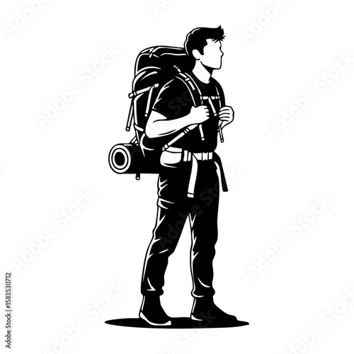 Minimalist black and white illustration of a man hiking with a backpack