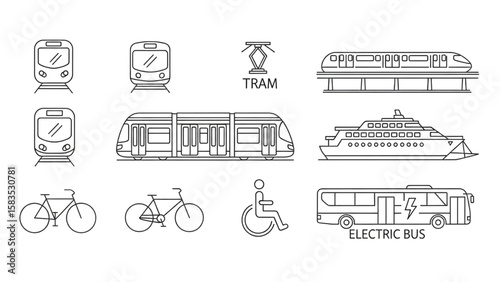 Public Transport Line Icon Set – Vector Thin Outline of Metro, Tram, Monorail, Ferry, Bike, Wheelchair, and Electric Bus