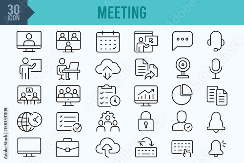 30 Online Meeting Line Icons Set – Virtual Conference, Webinar, Collaboration Symbols