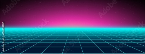 Neon grid game bg with 3D 80s retro cyberpunk purple patterns. Synthwave floor lights and arcade laser effects for virtual spaces. Futuristic wireframe glow vaporwave textures for metaverse.