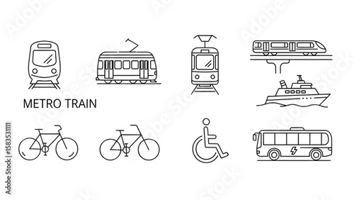 Public Transport Line Icon Set – Vector Thin Outline of Metro, Tram, Monorail, Ferry, Bike, Wheelchair, and Electric Bus
