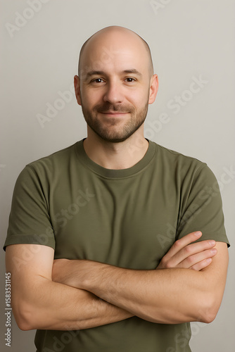 A cheerful bald man dressed in a green t-shirt poses for the photo