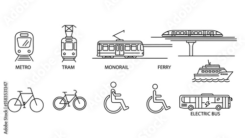 Public Transport Line Icon Set – Vector Thin Outline of Metro, Tram, Monorail, Ferry, Bike, Wheelchair, and Electric Bus