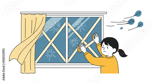 Young girl cleaning frost patterns from a frosty windowpane during a winter storm