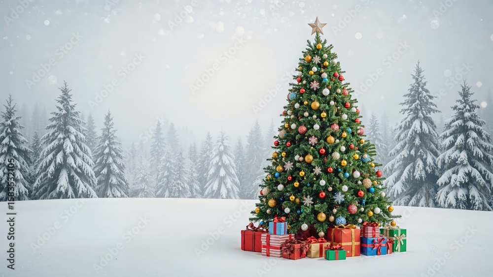 Fototapeta premium Festive tree alongside wrapped present in background
