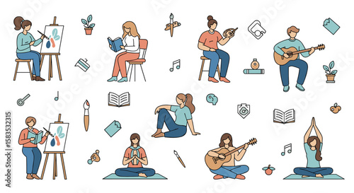 Creative individuals engaging in diverse artistic and relaxing hobbies performing skillful activities