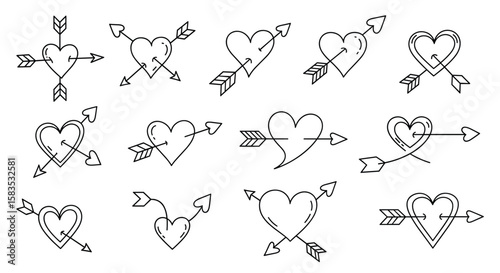 Collection of heart shapes pierced by arrows various arrows designs
