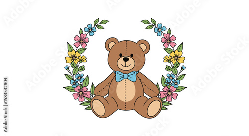 Adorable teddy bear surrounded by a beautiful garland of colorful spring flowers ideal for baby showers