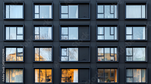 Exterior view of a modern building facade featuring multiple windows and dark panels.