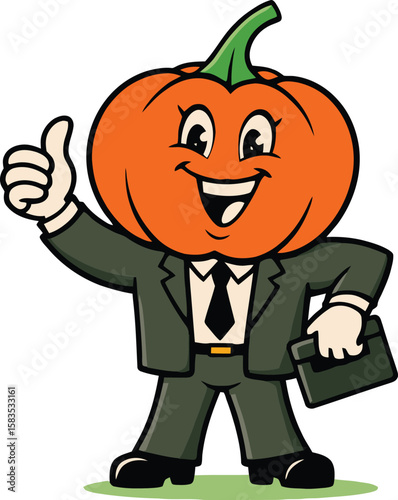 pumpkin head businessman mascot with thumbs up