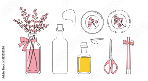 Aesthetic collection of beauty products and floral elements for skincare treatments