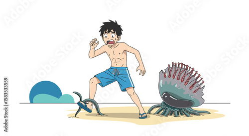 Scared person encounters dangerous sea creature on sandy beach shoreline