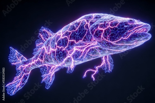 Abstract Glowing Fish,  Networked Underwater Creature,  Digital Art, Neon Light