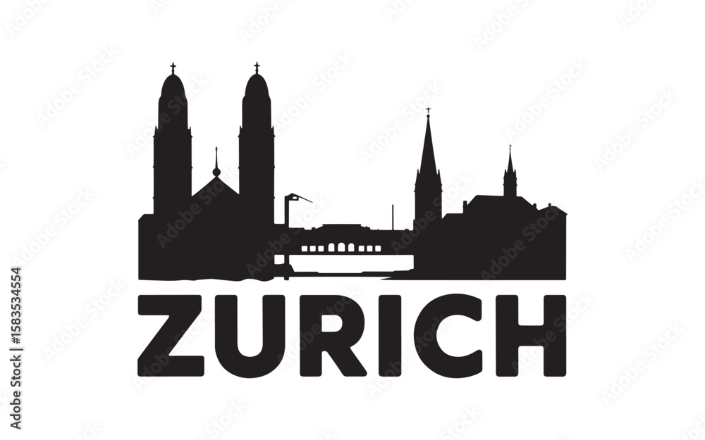 Obraz premium Monochromatic Zurich Skyline Silhouette Featuring Prominent Churches and the City's Name in Bold Text Enhancing Recognition and Urban Identity