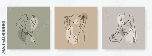 Beautiful linear set of female silhouettes in lingerie. Simple women figure in underwear. Abstract sensual concept in sketch style. Outline design for print, poster, card, cover, social media template